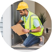 a construction worker holding a clip board, inspecting a wall