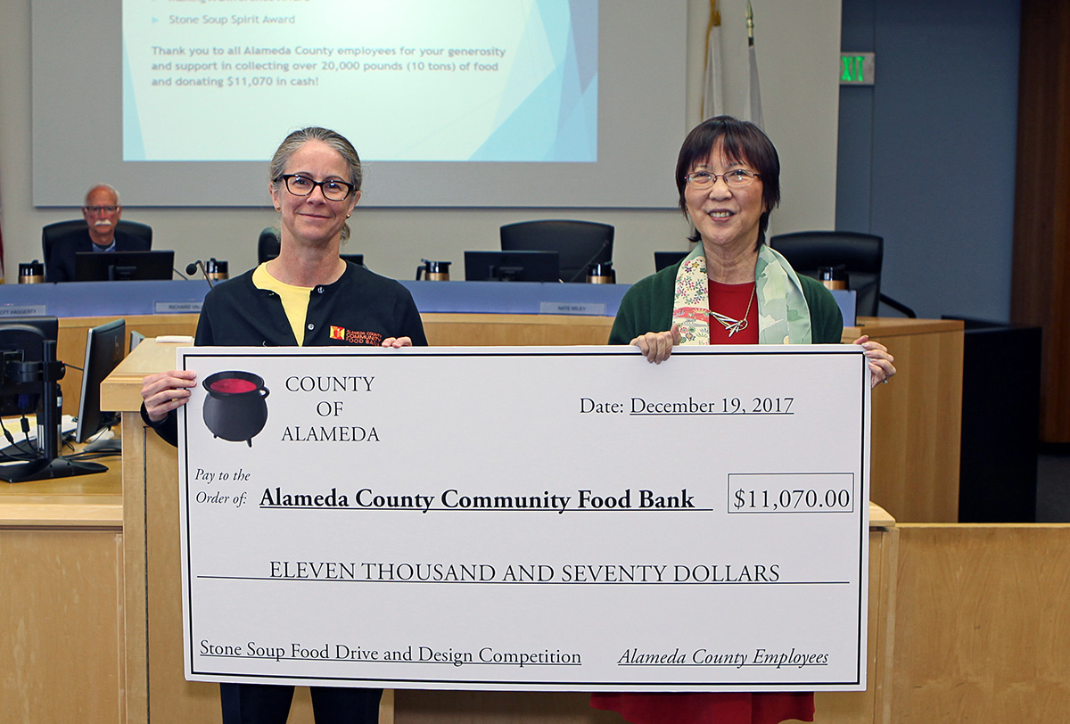 Supervisor Wilma Chan presented Alameda County Food Bank with $14,000 check today to culminate record-breaking Stone Soup Food Drive.